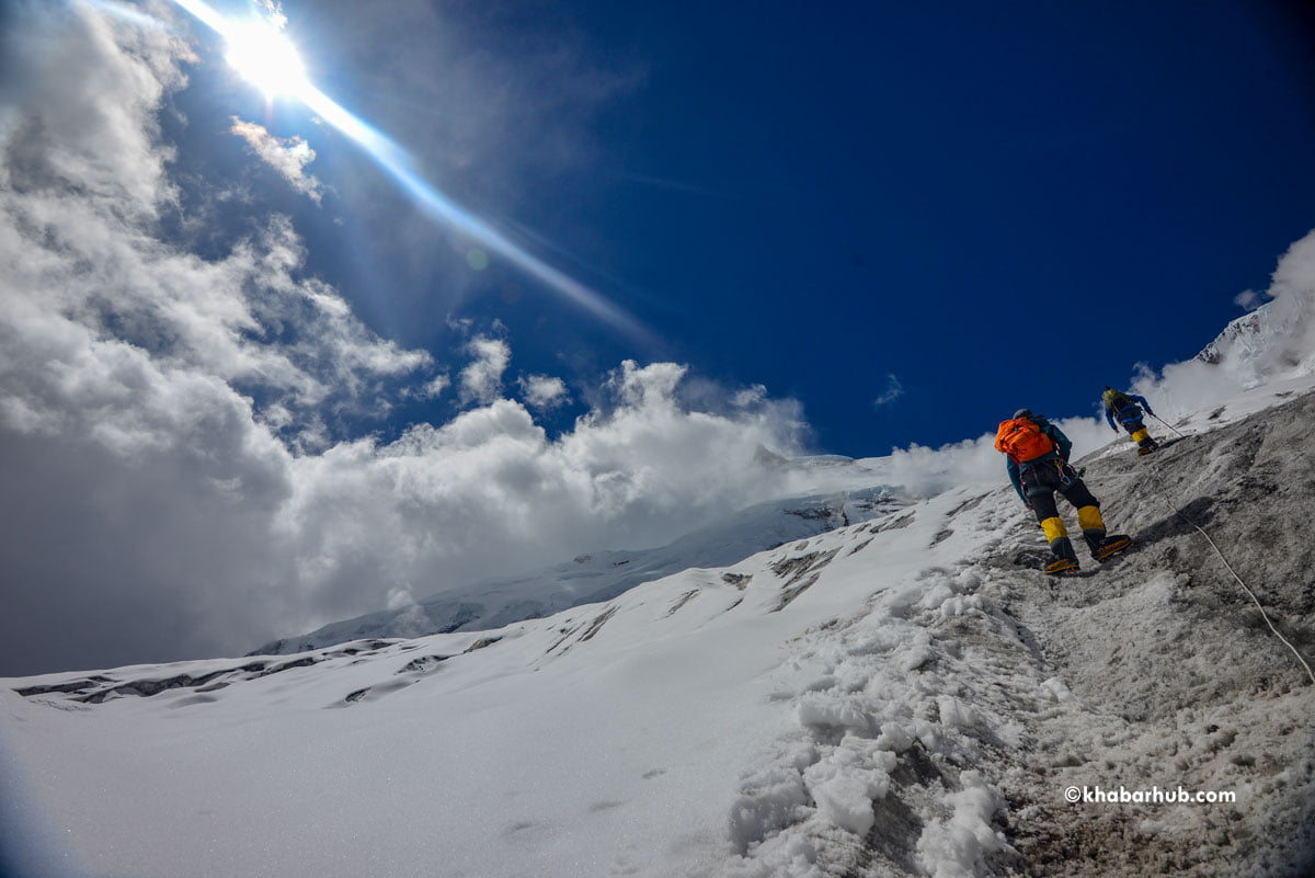 Sherpas Fix Rope Upto Camp Iii On Mt Manaslu Mountain