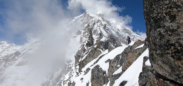 Bielecki and Berg Pushing Among Avalanches on Langtang Lirung