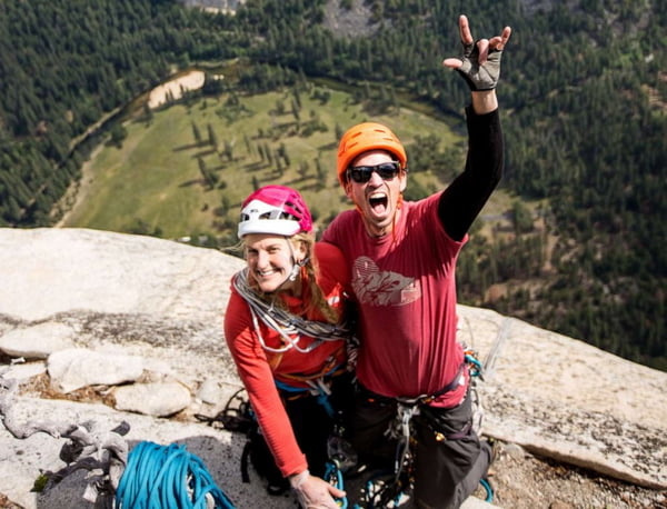 Climber Emily Harrington and mountaineer Adrian Ballinger at the top of El Capitan in Yosemite Naitonal Park - Jon Glassburg